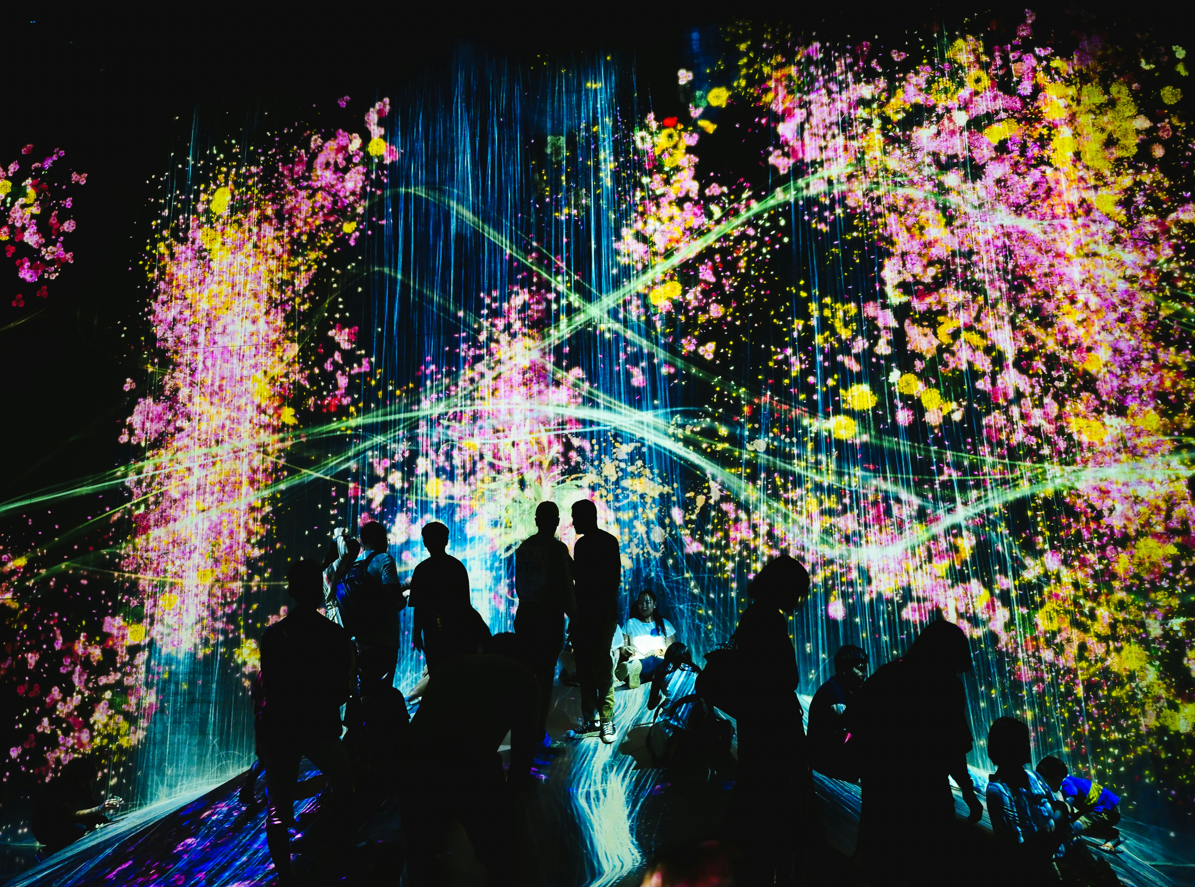 Les technologies au service de l'émerveillement Dans une pièce sombre un public s'émerveille devant des animations de lumières sur un mur